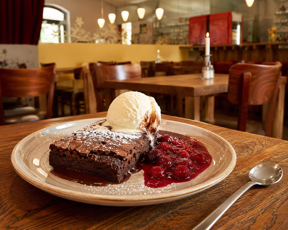 Chocolate brownie at Matzbach restaurant in Kreuzberg
