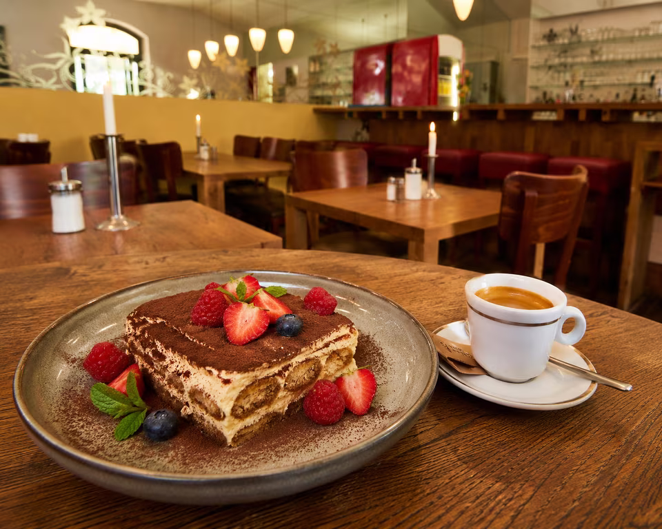 Homemade tiramisu for dessert at Matzbach restaurant in Kreuzberg