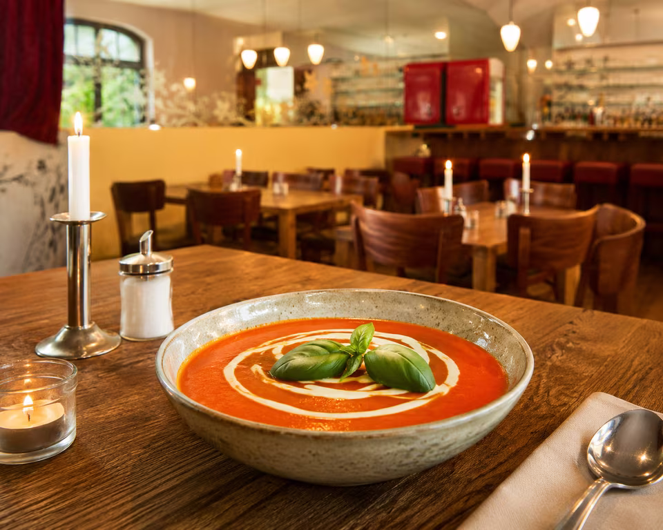 Homemade tomato soup at Matzbach restaurant, Berlin-Kreuzberg