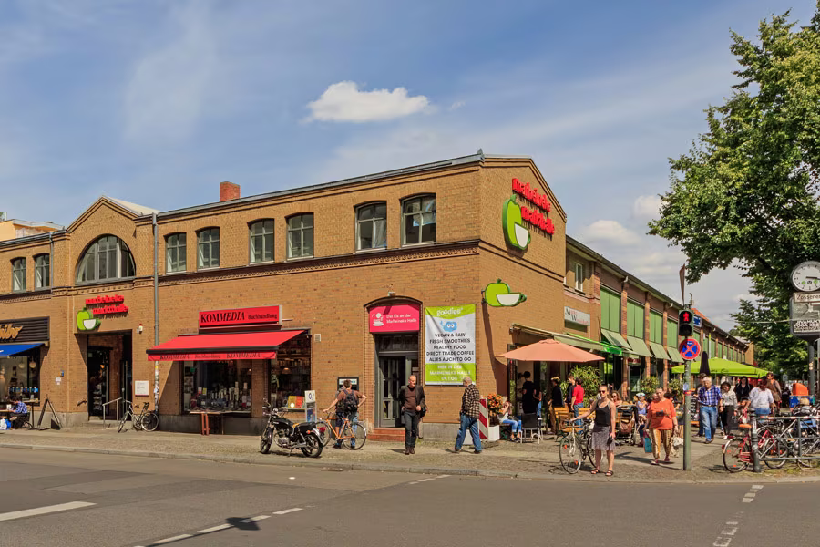 View into the historic Marheinekehalle with its market stalls in Berlin-Kreuzberg