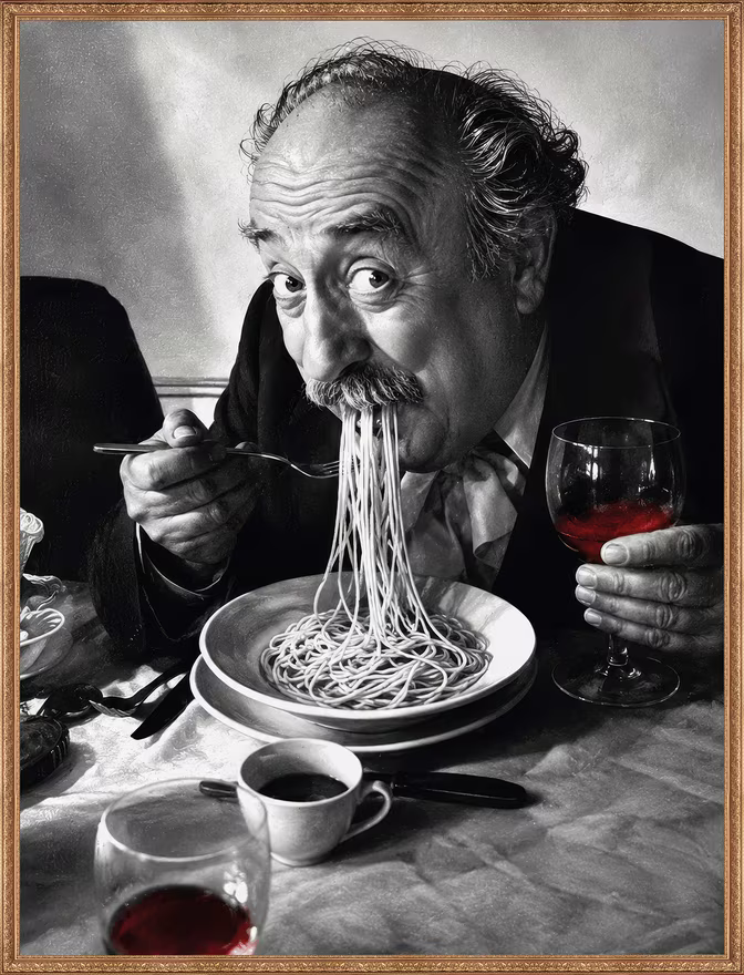 Framed black-and-white photo of a guest happily eating pasta with a glass of red wine at Matzbach