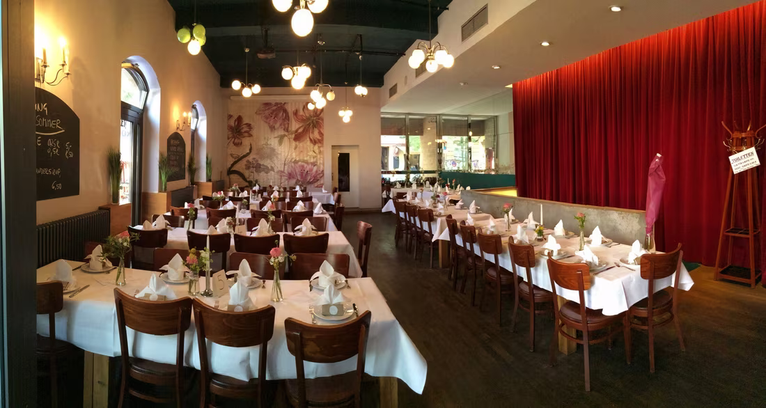 View across the dining room of Matzbach restaurant in the Marheinekehalle, Kreuzberg